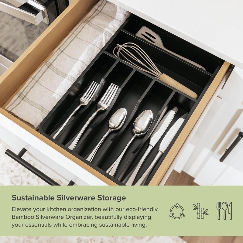 KitchenEdge Silverware Organizer - Cutlery, Flatware, and Utensil Holder for Kitchen Drawers, Fixed 10.5” Width, 7 Storage Compartments, Non-Slip Feet, Rounded Corners, 100% Bamboo, Black Finish - Image 5